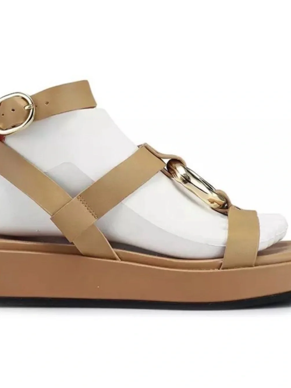 Zara Tan Leather Platform Sandals with Gold Ring Detail - Picture 3 of 9